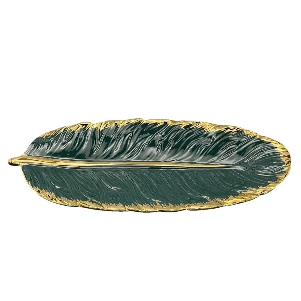 Leaf Trinket Serving Tray Decor Green  Accent Plate Gold Trim Boho Nature 10'